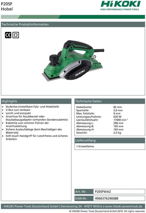 Produktbild Hikoki Hobel P20SF im Karton