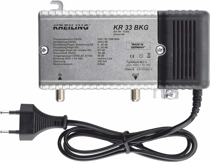 Actual product image Kreiling BK amplifier 33dB 25dB return path 0-65MHz KR 33 BKG (Amplifier)