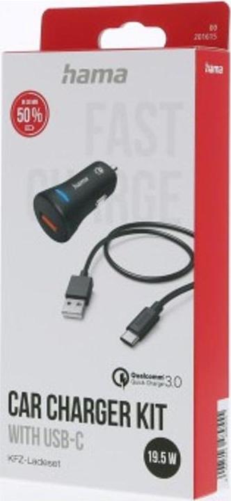 Immagine prodotto Hama Set di ricarica per auto, USB-C, QC 3.0, 19,5 Watt, nero
