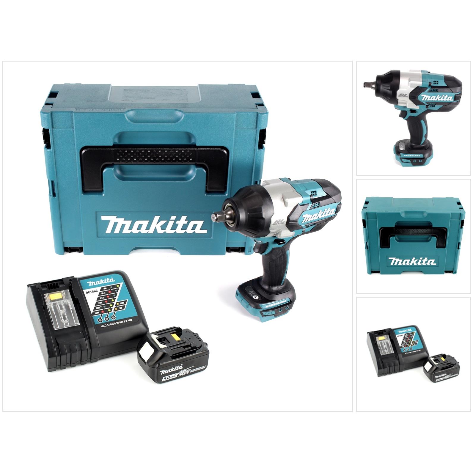 Makita, Bohrmaschine + Akkuschrauber, DTW 1002 RT1J Akku Schlagschrauber 1/2“ 18V 1000Nm Brushless + 1x Akku 5,0Ah + Lad...