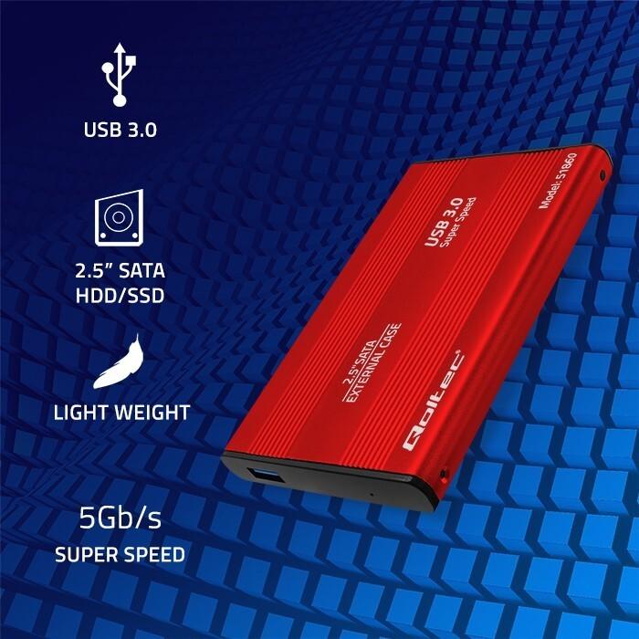 Actual product image Qoltec External Hard Drive Case HDD/SSD 2.5" SATA3 USB 3.0 Raudona (2.5")