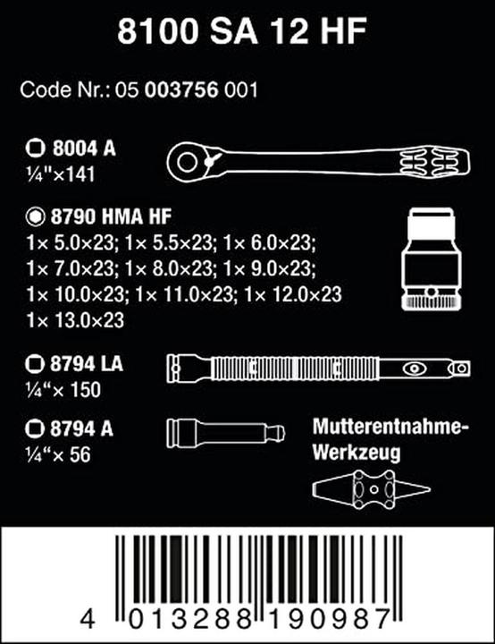 Produktbild Wera 8100 SA 12 HF Zyklop Metal-Knarrensatz (6 mm, 12 mm, 10  mm, 7 mm, 11 mm, 5 mm, 8 mm, 9 mm, 13 mm)