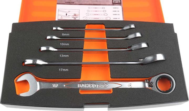 Produktbild Bahco Satz metrische Knarren-Ring-Maulschlüssel - 5-teilig/Kunststoffbox (10 mm, 13 mm, 17 mm, 19 mm, 8 mm)