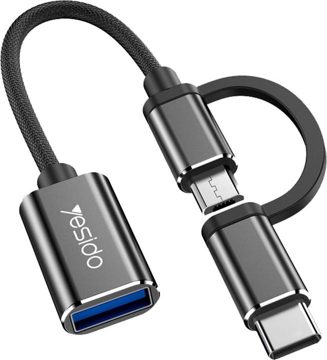 Image du produit Yesido - OTG Cable Adapter 2in1 (GS02) - Type-C, Micro-USB to USB 3.0, Plug & Play, 5Gbps - Black (Micro USB, USB-C, USB-A)