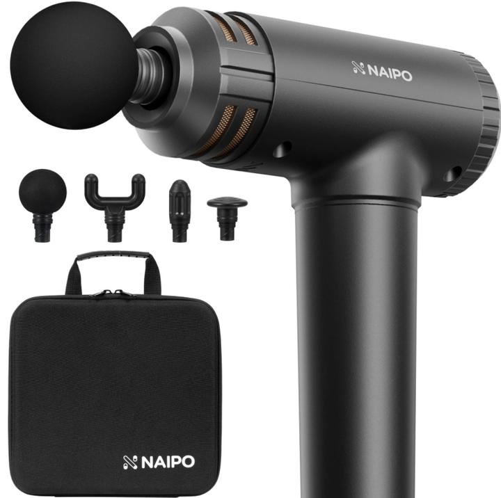 Actual product image Naipo NP-MG01 schwarz / Massagepistole Mini / 4 Aufsätze / 5 Modi / 2500 mAh / USB-C (5 Steps)