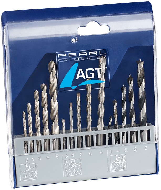 Produktbild AGT Bohrer-Set 15-tlg. mit HSS-Metallbohrer, Holz- & Steinbohrer (3, 4, 5, 6, 8 mm)