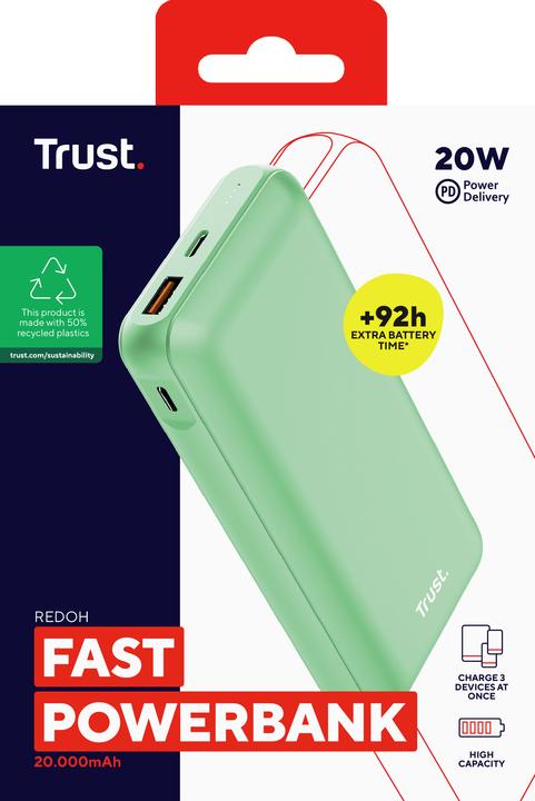 Actual product image Trust Redoh - Powerbank - 20.000 mAh - USB A/USB C - Quick Charge - Groen (20000 mAh, 18 W, 74 Wh)