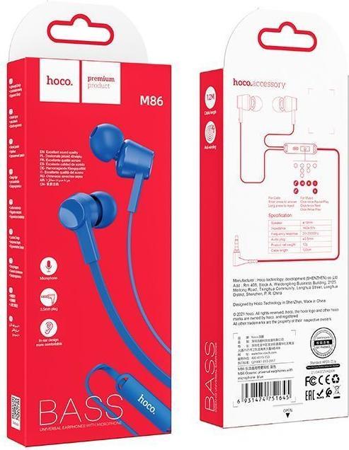 Produktbild Hoco Wired headphones wire earphones Jack 3,5 mm with microphone M86 blue (NC, Kabelgebunden)