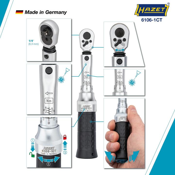 Produktbild HAZET Drehmoment-Schlüssel 6106-1CTCAL - Toleranz: 4% - Vierkant massiv 6,3 mm (1/4 Z (1/4", 1 Nm, 6 Nm)