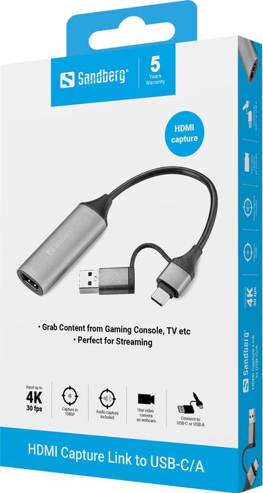 Image du produit Sandberg HDMI Capture Link to USB-C/A (USB-C, HDMI, 1 cm)
