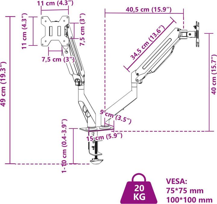 Image du produit vidaXL Dual-Monitorarm (Tables, 27", 10 kg)