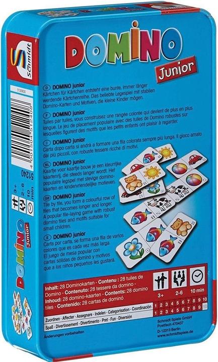 Actual product image Schmidt Spiele Domino Junior - metal box (French, German, Italian, 2 - 6 Players)