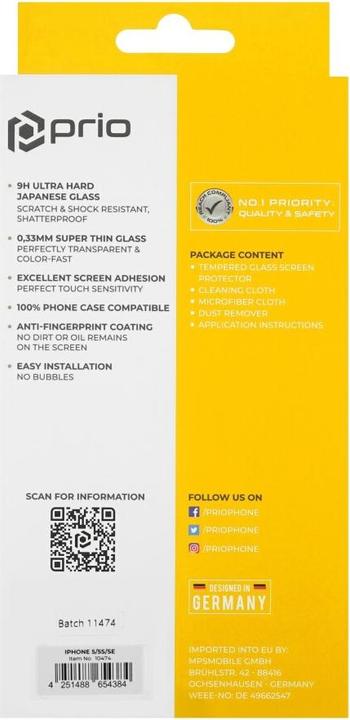 Produktbild prio Displayschutzglas für iPhone 5/5S/SE transparent (1 Stück, Apple iPhone 5, Apple iPhone 5s, Apple iPhone SE)