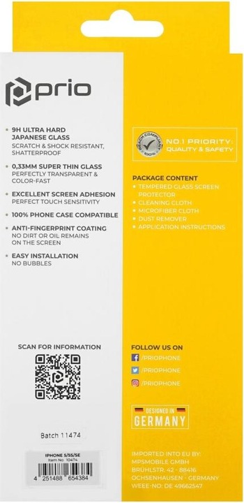Immagine prodotto prio Vetro protettivo per iPhone 5/5S/SE trasparente (1 Pezzo/i, Apple iPhone 5, Apple iPhone 5s, Apple iPhone SE)