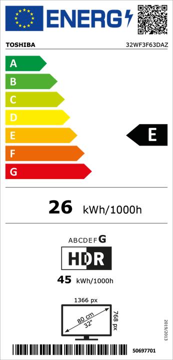 Energie-Label Toshiba 32WF3F63DAZ (80 cm (32 Zoll), schwarz, WXGA, HDR, Triple Tuner, Fire TV) (32", LCD, WXGA)
