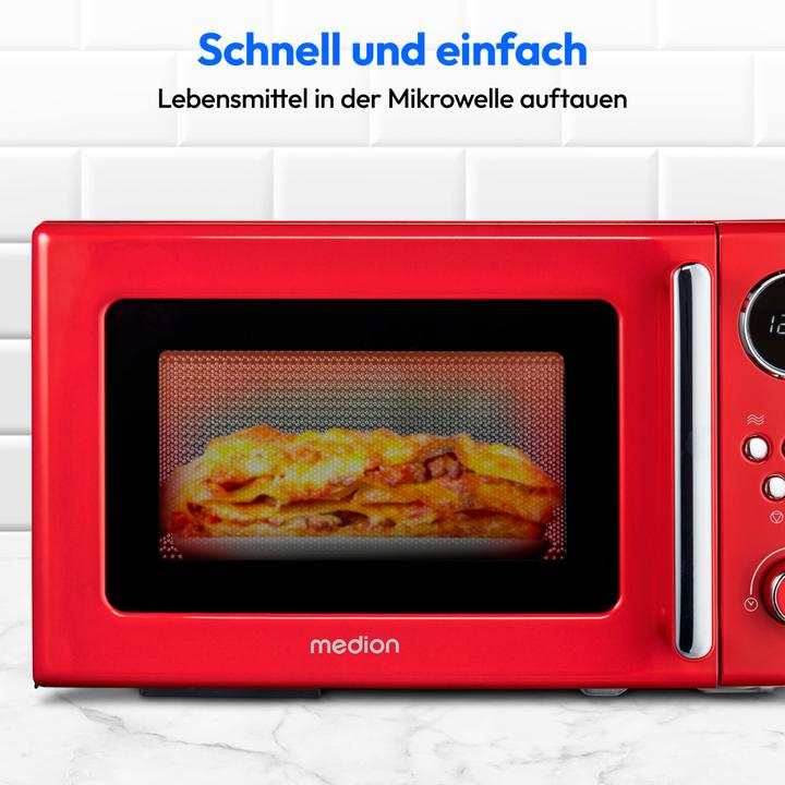 Produktbild Medion rot, 800 W Leistung, 20 L kompakt, 5 Mikrowellenstufen, Auftaufunktion, Timerfunktion, stilvolles Re (20 l)