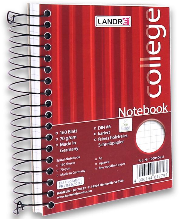 Immagine prodotto Landré Quaderno universitario A6 con rilegatura a spirale (A6, Quadretti, Copertina rigida)