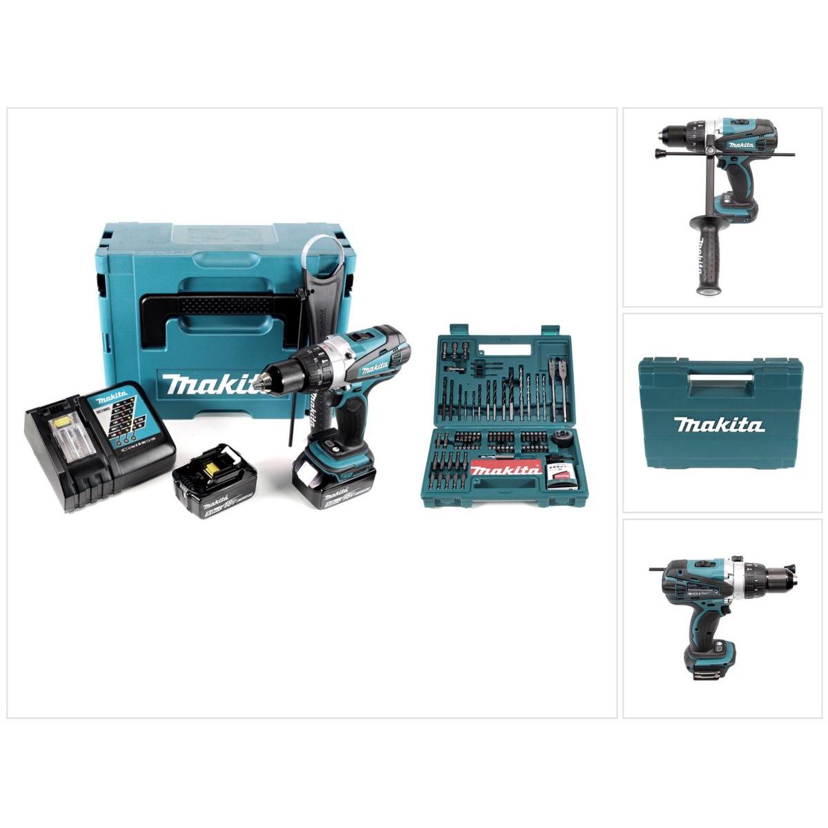 Makita, Trapano + Avvitatore a batteria, DHP 458 RTJ Trapano a percussione a batteria 18V 91Nm in Makpac + 2x batteria 5.0 Ah +
