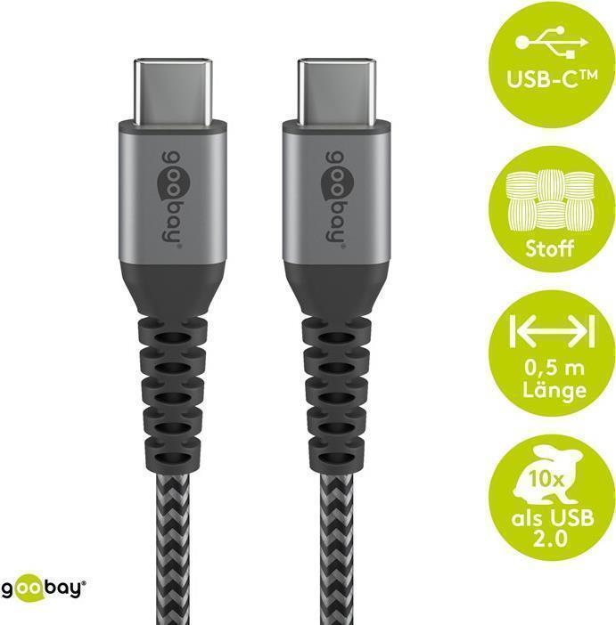 Productafbeelding Goobay USB-C™ naar USB-C™ textiel kabel met metalen stekkers (space grijs/zilver) 1 m, zwart-grijs (1 m, USB 2.0)