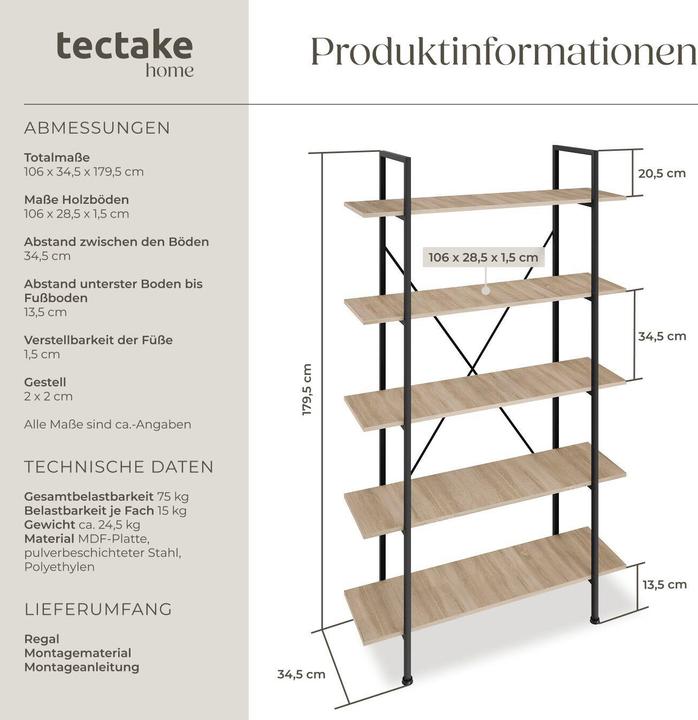 Produktbild tectake Regal Glasgow (10.60 x 106 x 17.95 cm)