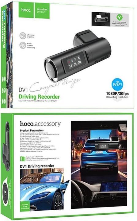 Produktbild Hoco Kopfhörer mit Mikrofon Autokamera mit Bildschirm 0,96" 1080P/30fps DV1 schwarz (Eingebaute Anzeige, Akku, Eingebautes Display, WLAN, Eingebautes Mikrofon, FHD+)
