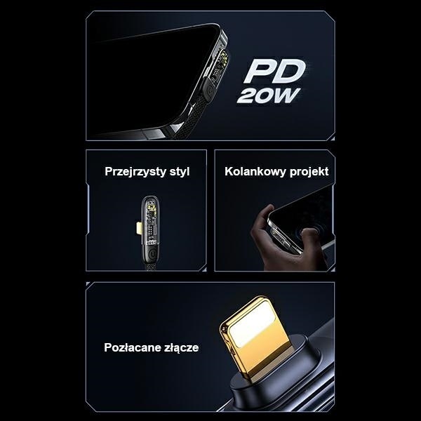 Produktbild Usams Kabel kątowy USB-C na Lightning PD 20W Fast Charging Iceflake Series 2m czarny/black SJ586USB0 (2 m, USB 2.0)