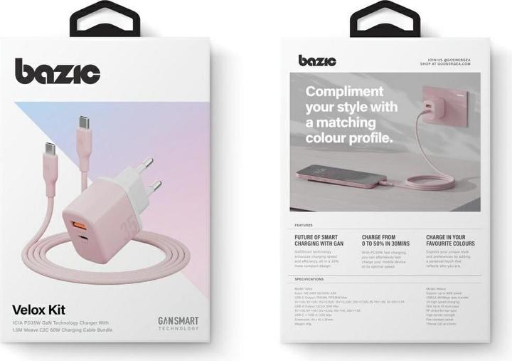 Actual product image Wall charger Bazic GoPort Velox Kit USB-C/USB-A GaN 35W with cable pink (35 W, 2 ports)