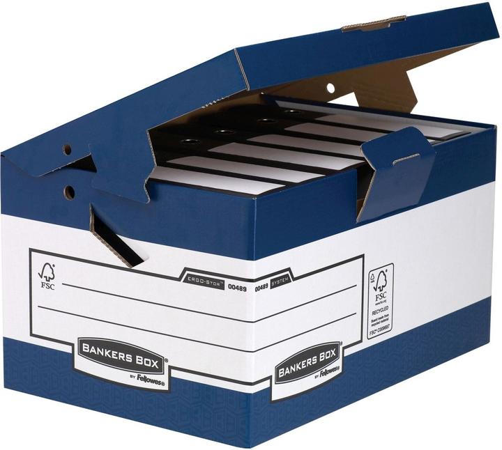 Produktbild Fellowes BANKERS BOX SYSTEM Archiv-Klappdeckelbox Maxi ERGO-Stor, blau, aus 100% recyceltem Karton, FSC zerti (38 x 54.5 x 29.5 cm)