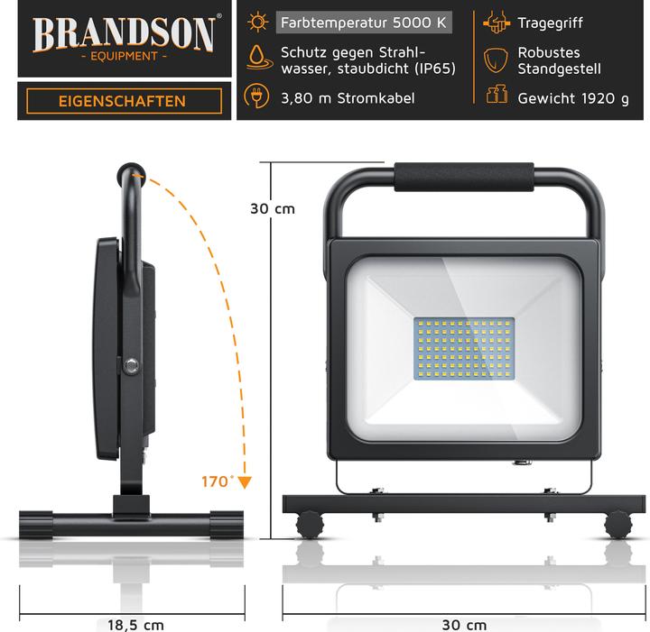 Produktbild Brandson Baustrahler, 60W LED Outdoor Fluter, Bauscheinwerfer, Arbeitsleuchte, 3,8m Kabel, IP65 (6000 lm)
