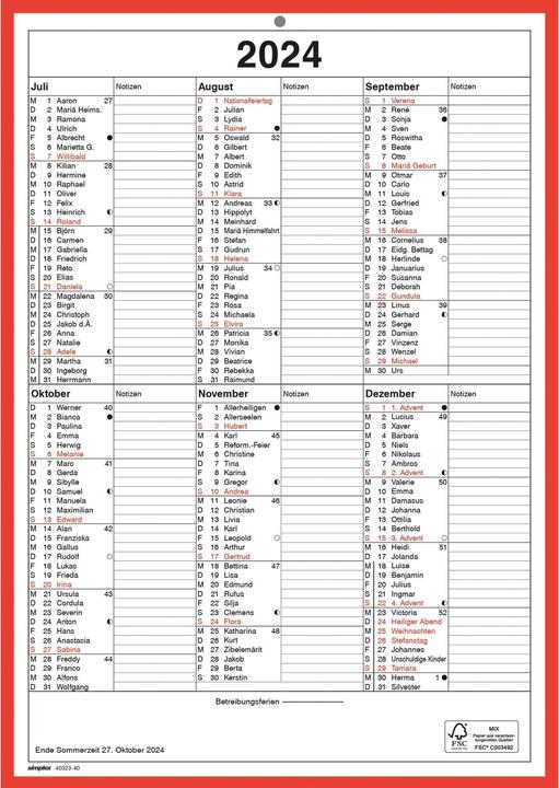 Produktbild Simplex Wandkalender 2024 4032340.2 A4,rot/weiss,d (A4)