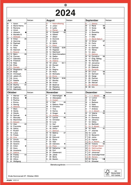 Produktbild Simplex Wandkalender 2024 4032340.2 A4,rot/weiss,d (A4, Deutsch)