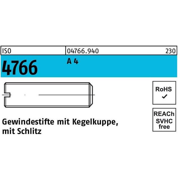 Schrauben, Gewindestift DIN 551 m.Kegelkuppe/Schlitz M 8 x 6 A 4 (25 Schrauben pro Stück)