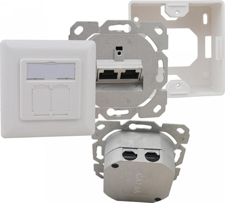 Produktbild Helos Anschlussdose, Cat 6A (EIA/TIA), AP/UP, 2 Port, vertikal, reinweiss (UTP, CAT6)