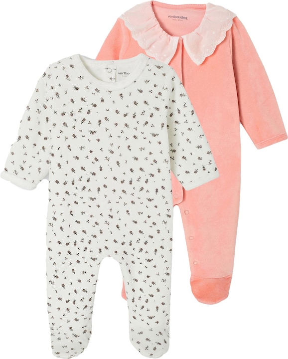 Vertbaudet 2er-Pack Baby Samt-Strampler mit Recycling-Polyester, Blumen und Kragen