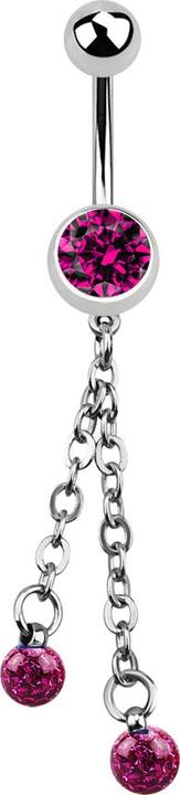 Produktbild Star Piercing Banane silber mit Kette und zwei Kristallkugeln fuchsia (ohne Messing, Chirurgenstahl 316L)