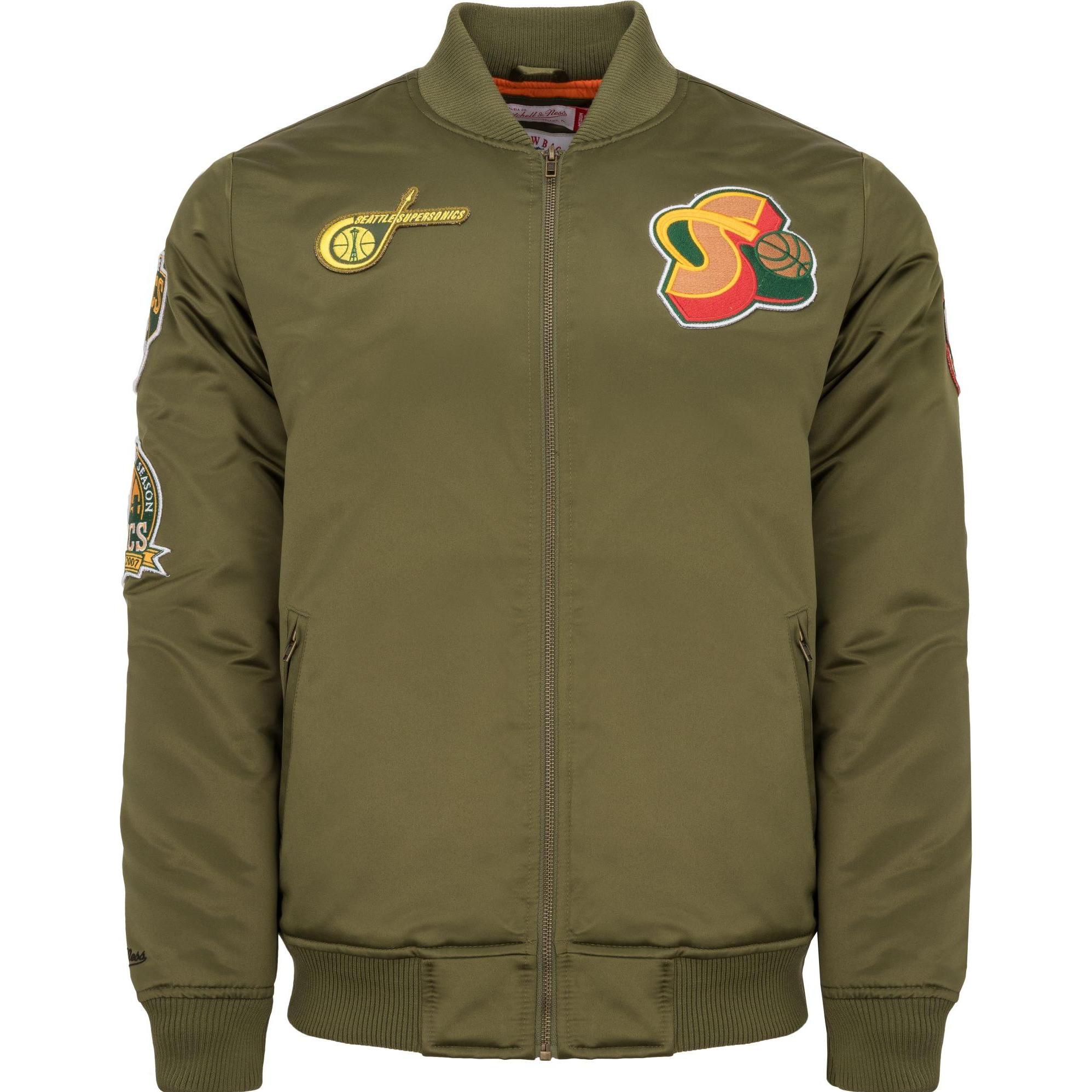 Mitchell & Ness, Herren, Jacke, M&N Satin Bomber Jacke - PATCHES Seattle SuperSonics - XL (XL), Grün, XL