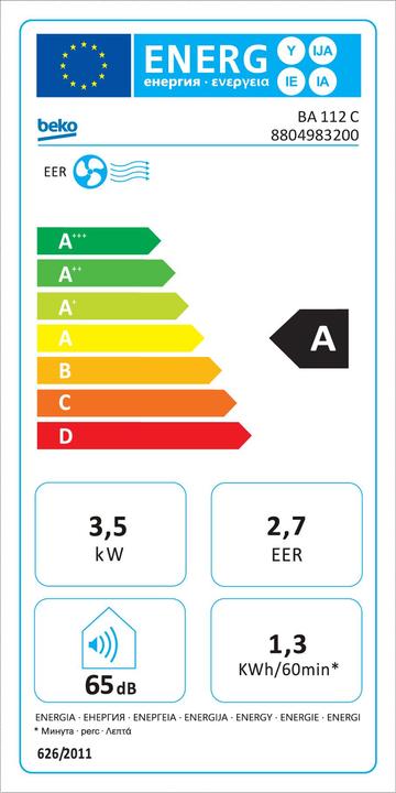 Energie-Label Beko BA112C (37 m², 3500 BTU/h)
