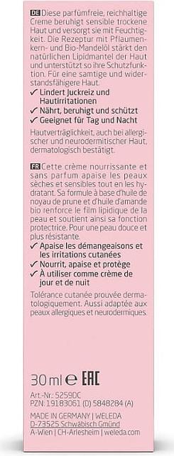 Valeurs nutritives et ingrédients Weleda Crème hydratante Sensitive (30 ml, Crème 24h)