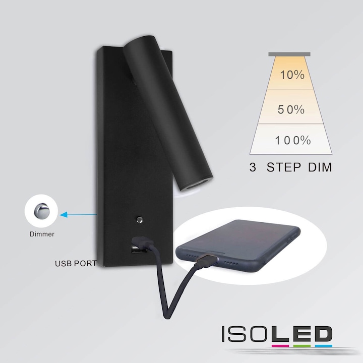 Image du produit Isoled Liseuse LED, 3W, noir, avec prise de charge USB A, blanc chaud, variateur à 3 niveaux