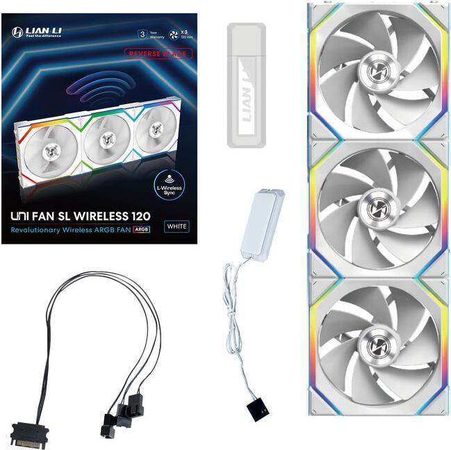 Produktbild Lian-Li UNI FAN SL Wireless ARGB PWM Lüfter, 3er-Pack inkl. Controller - Reverse Blade, 120 mm, weiss (120 mm, 3 x)
