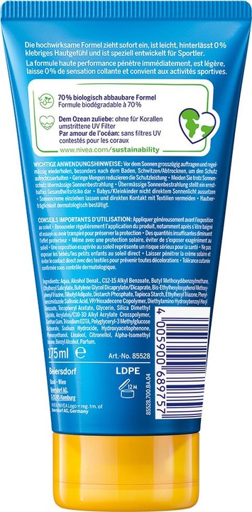Immagine prodotto NIVEA Tubo UV Dry Protect Sport (Crema solare, SPF 30, 175 ml, 200 g)
