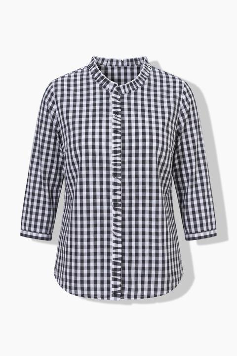 Actual product image Ulla Popken Checked Ruffle Trim 3/4 Sleeve Button-Down Shirt (46)