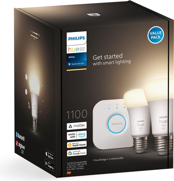Image du produit Philips Hue White Starter Set (E27, 9.50 W, 1055 lm, 2 x, F)