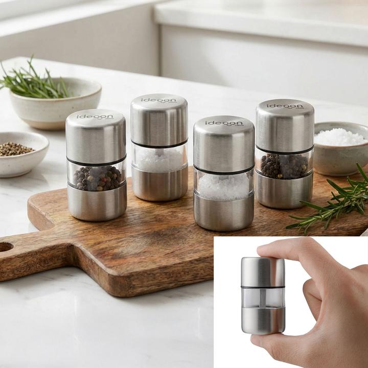 Produktbild Ideoon 4er-Set Mini Salz- Pfeffermühle Set aus Edelstahl mit Keramikmahlwerk - Gewürzmühle (Kräuter, Pfeffer, Salz)