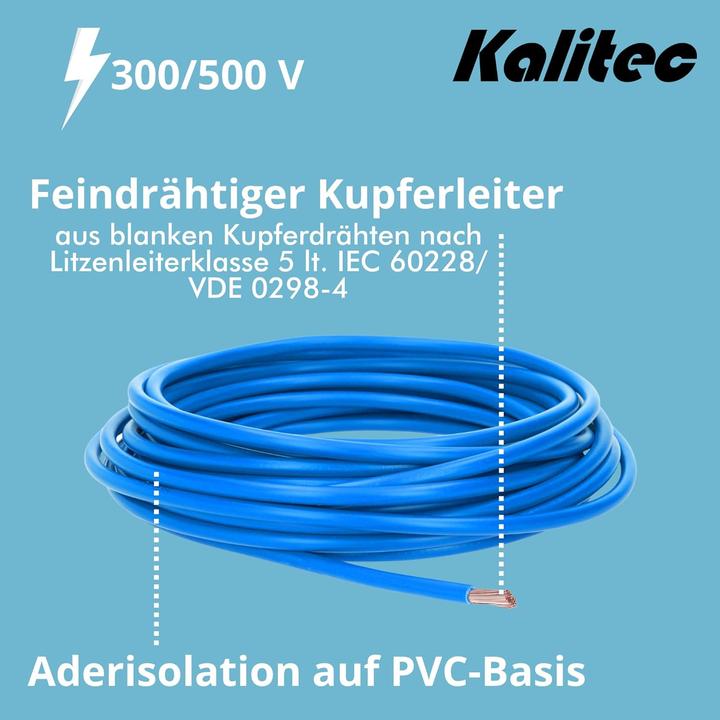 Produktbild Kalitec 10 Meter H05V-K 1 mm² blau Verdrahtungsleitung I Aderleitung flexibel I PVC Einzelader I Lit (10 m)