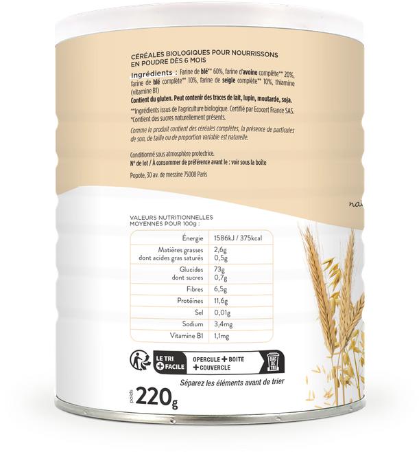 Image du produit Popote Les Céréales bio pour bébés - Blé Avoine Seigle (220 g)