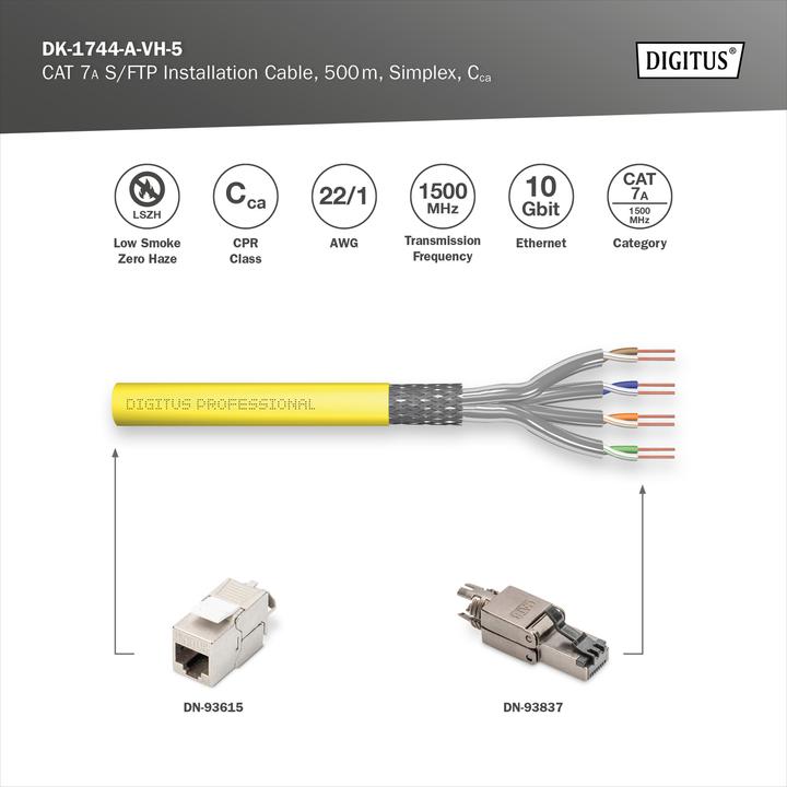 Immagine prodotto Digitus Cavo d'installazione CAT 7A S-FTP, 1500 MHz Cca (EN 50575), AWG 22/1, bobina da 500 m, simplex (S/FTP, CAT7a, 500 m)