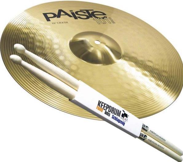 Actual product image Paiste 101 Brass 16 Crash Cymbals with 5A Drumsticks (16", Collision, Cymbal)