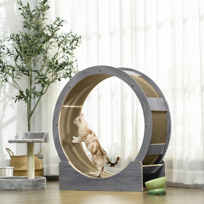 Productafbeelding Swisshandel24 Katzenlaufrad Laufrad für Katzen 91 cm mit Bremse, Kratzbrett, Grau (94 cm, Grijs)