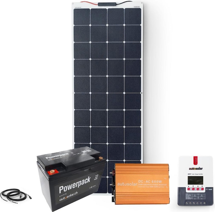 Immagine prodotto Autosolar Pacchetto completo 160W flessibile + batteria al litio da 55Ah e inverter da 600W + materiale di (165 W)